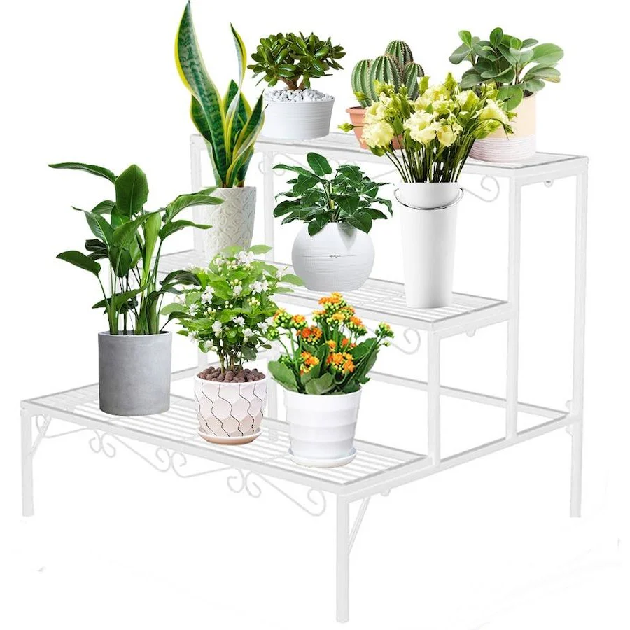 3-tier Metal Garden Plant Stand Shelf Display Rack Flower Pot Holder Storage Organizer (White) - Image 2