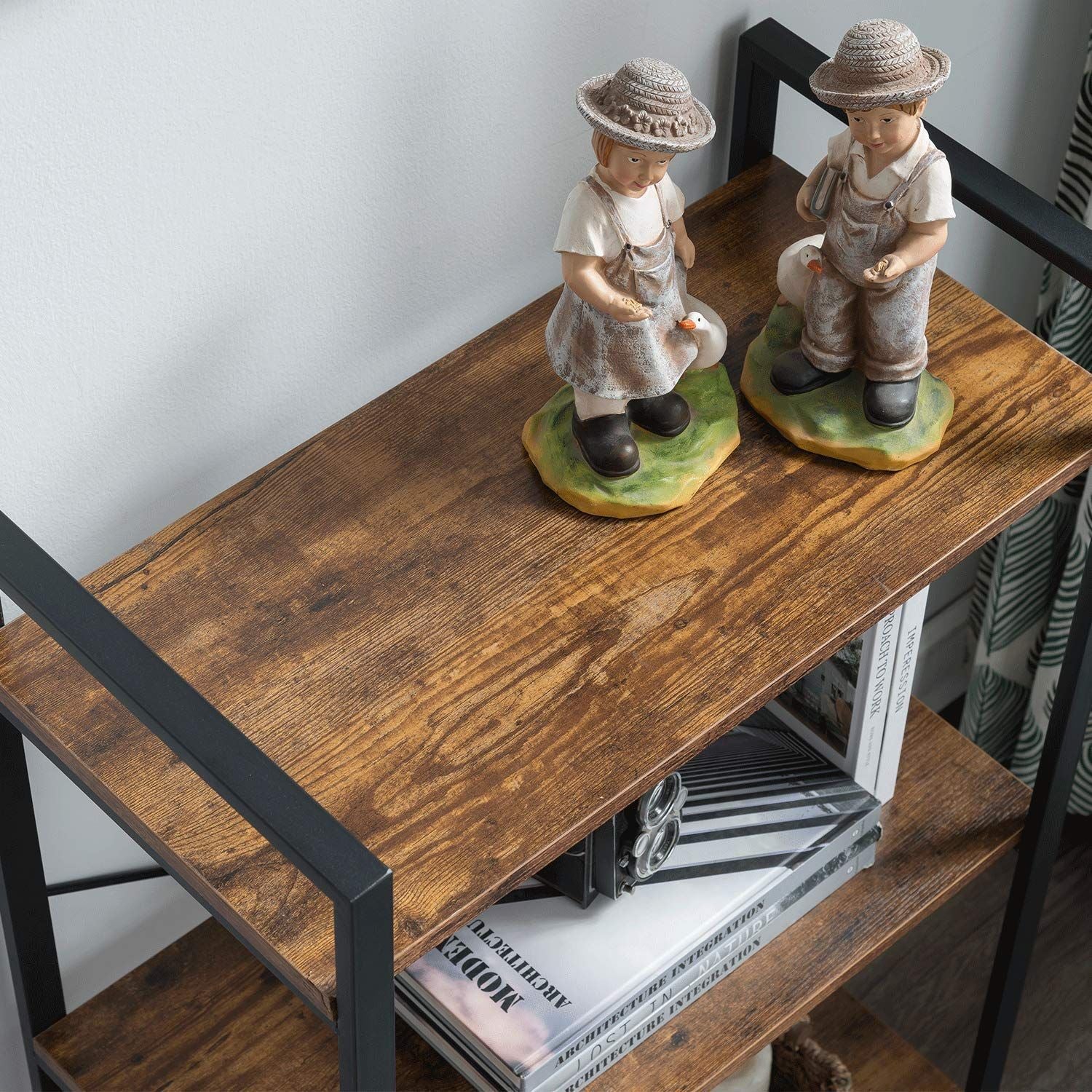Multifunction Bookcase 3 Tier Rustic Wood Steel Storage Shelf Organizer - Image 10