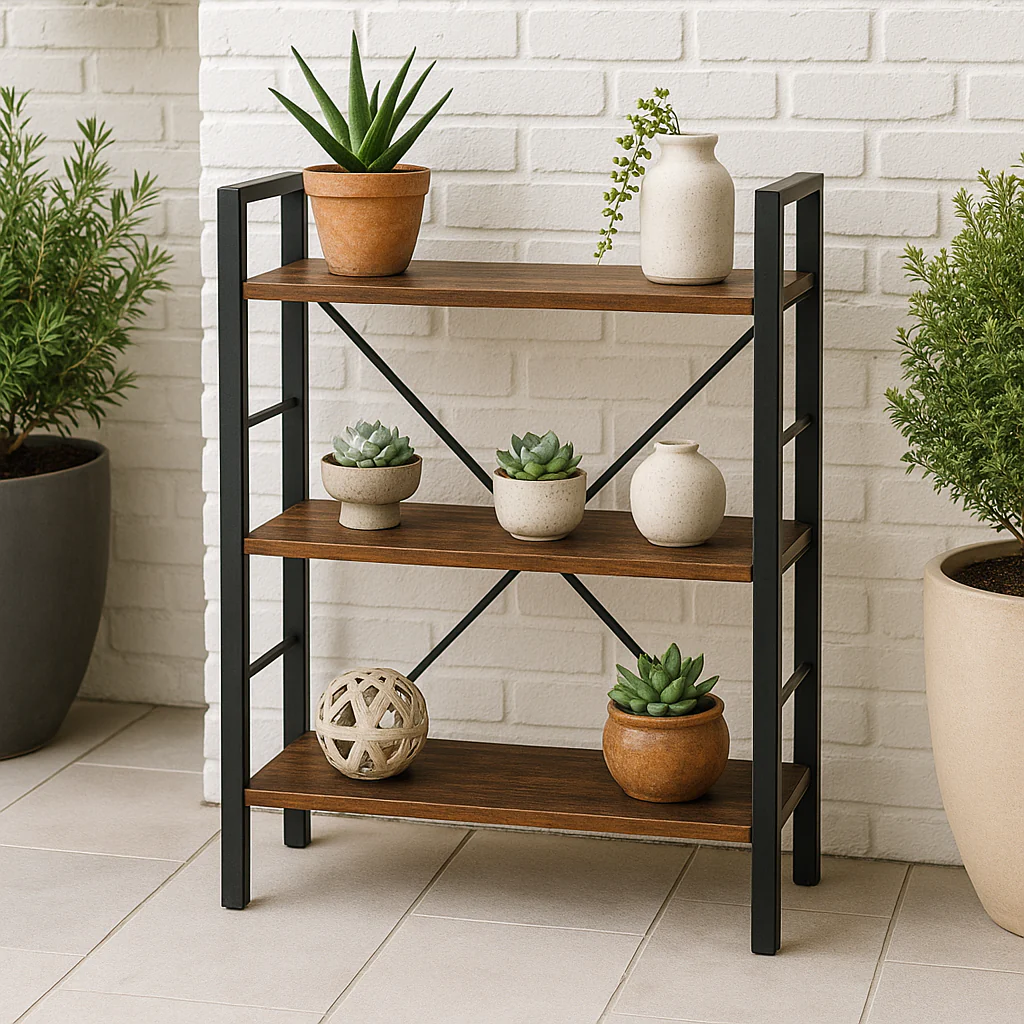 Multifunction Bookcase 3 Tier Rustic Wood Steel Storage Shelf Organizer - Image 3