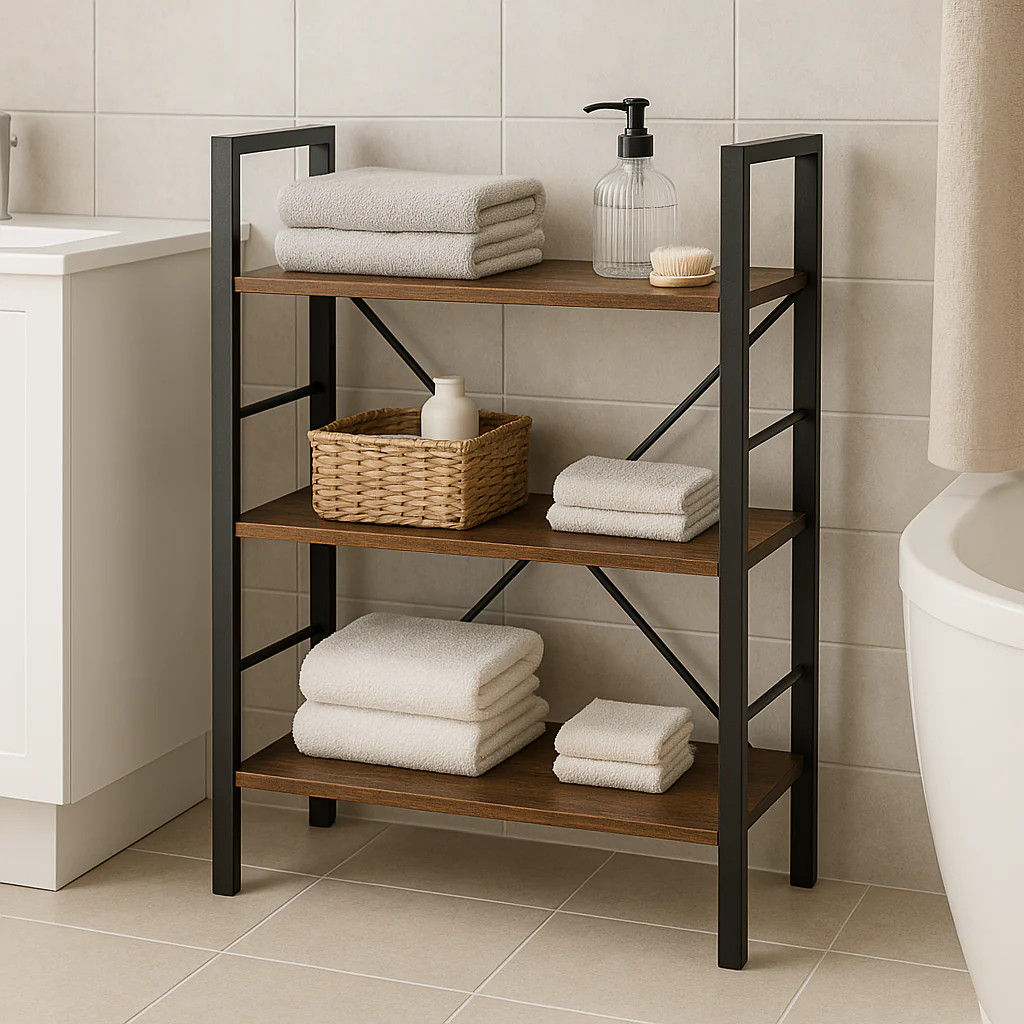 Multifunction Bookcase 3 Tier Rustic Wood Steel Storage Shelf Organizer - Image 4