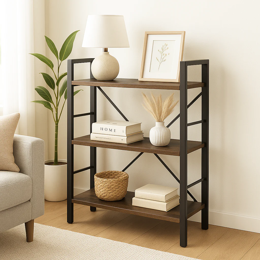 Multifunction Bookcase 3 Tier Rustic Wood Steel Storage Shelf Organizer - Image 5