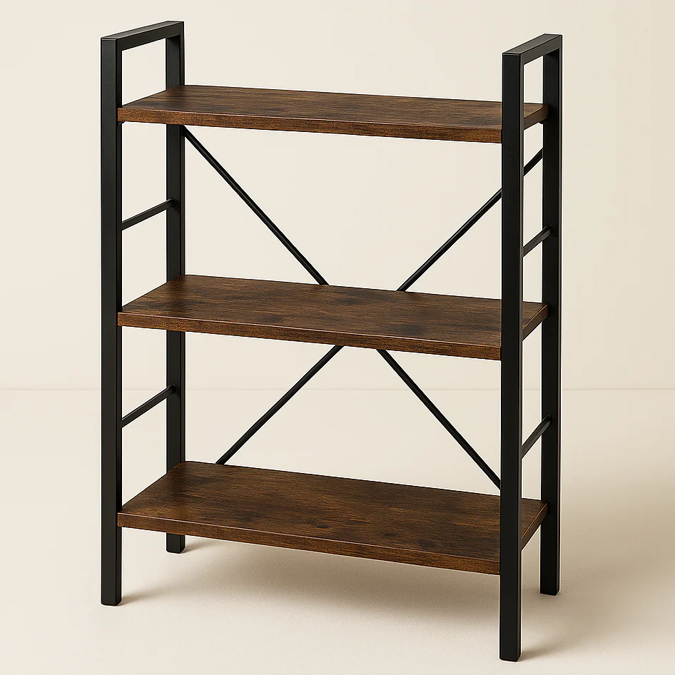 Multifunction Bookcase 3 Tier Rustic Wood Steel Storage Shelf Organizer - Image 6