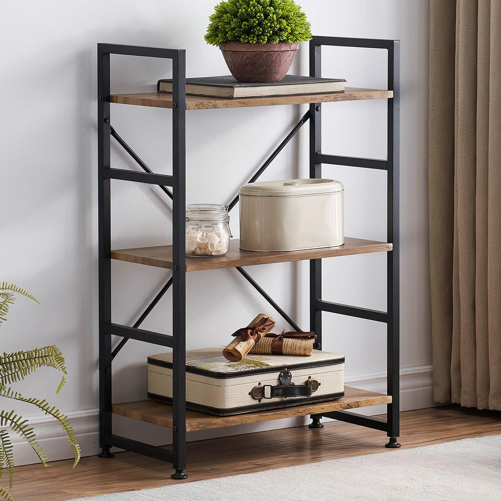 Multifunction Bookcase 3 Tier Rustic Wood Steel Storage Shelf Organizer - Image 8