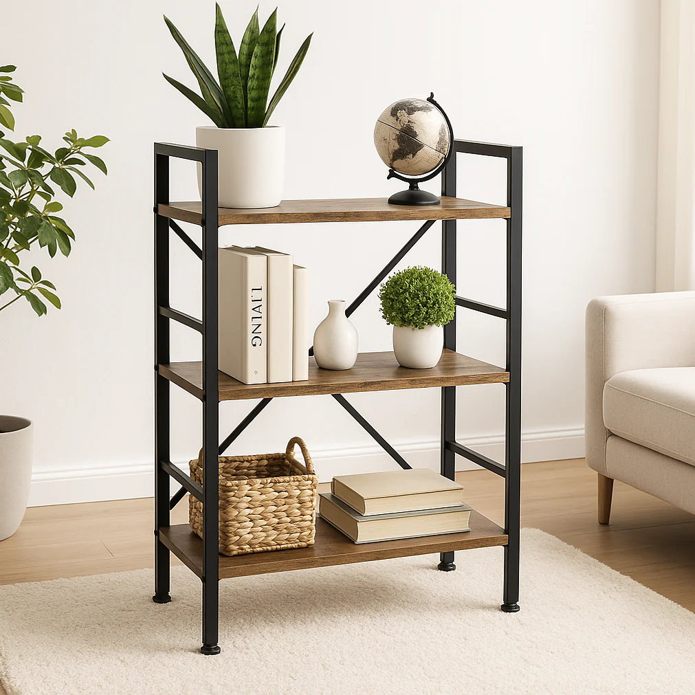 Multifunction Bookcase 3 Tier Rustic Wood Steel Storage Shelf Organizer - Image 9