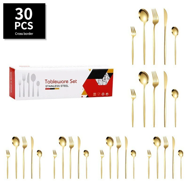 30PC Stainless Steel Cutlery Set Knife Fork Spoon Kitchen Tableware (Gold) - Image 4