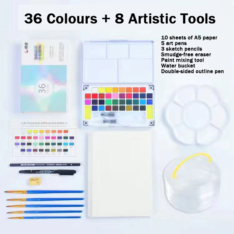 36 Watercolors Palette & 8 Paint Tools: All-in-One Painting & Drawing Supplies Kit - Image 2