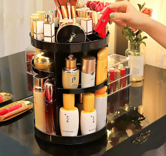 360 Degree Rotating Jewellery Cosmetic Makeup Shelf Organizer (Black) - Image 6
