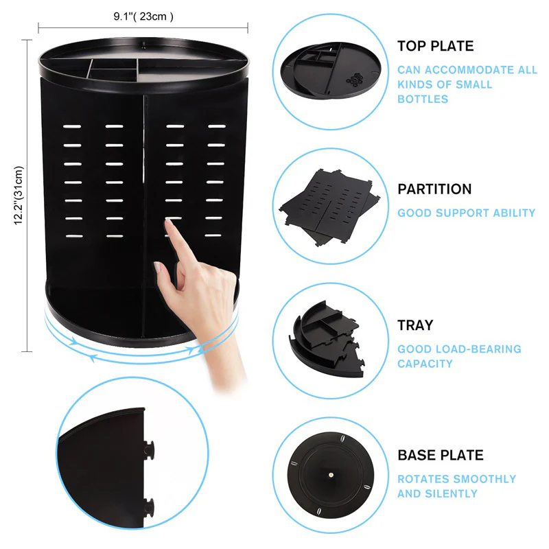 360 Degree Rotating Jewellery Cosmetic Makeup Shelf Organizer (Black) - Image 7