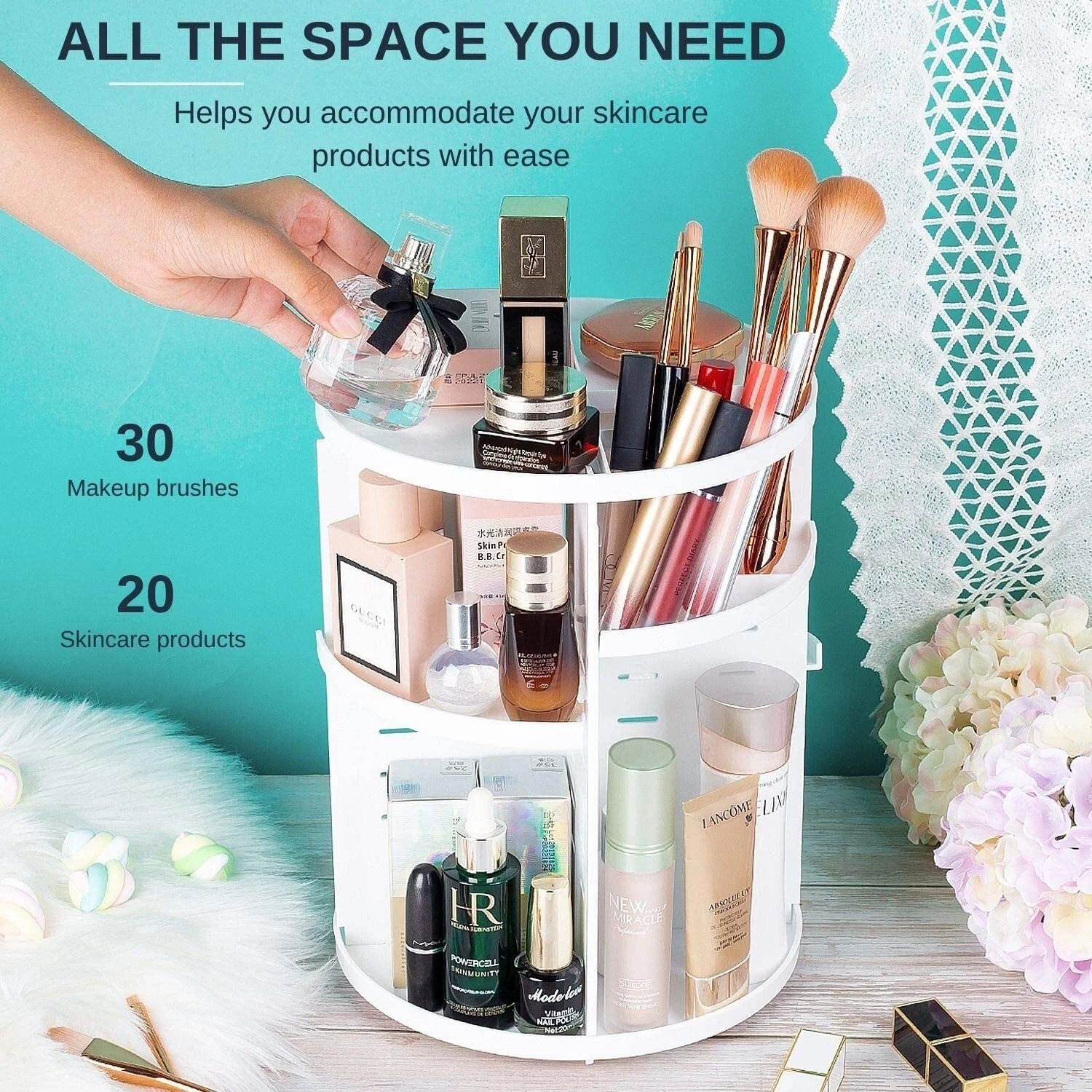 360 Degree Rotating Jewellery Cosmetic Makeup Shelf Organizer (White) - Image 7