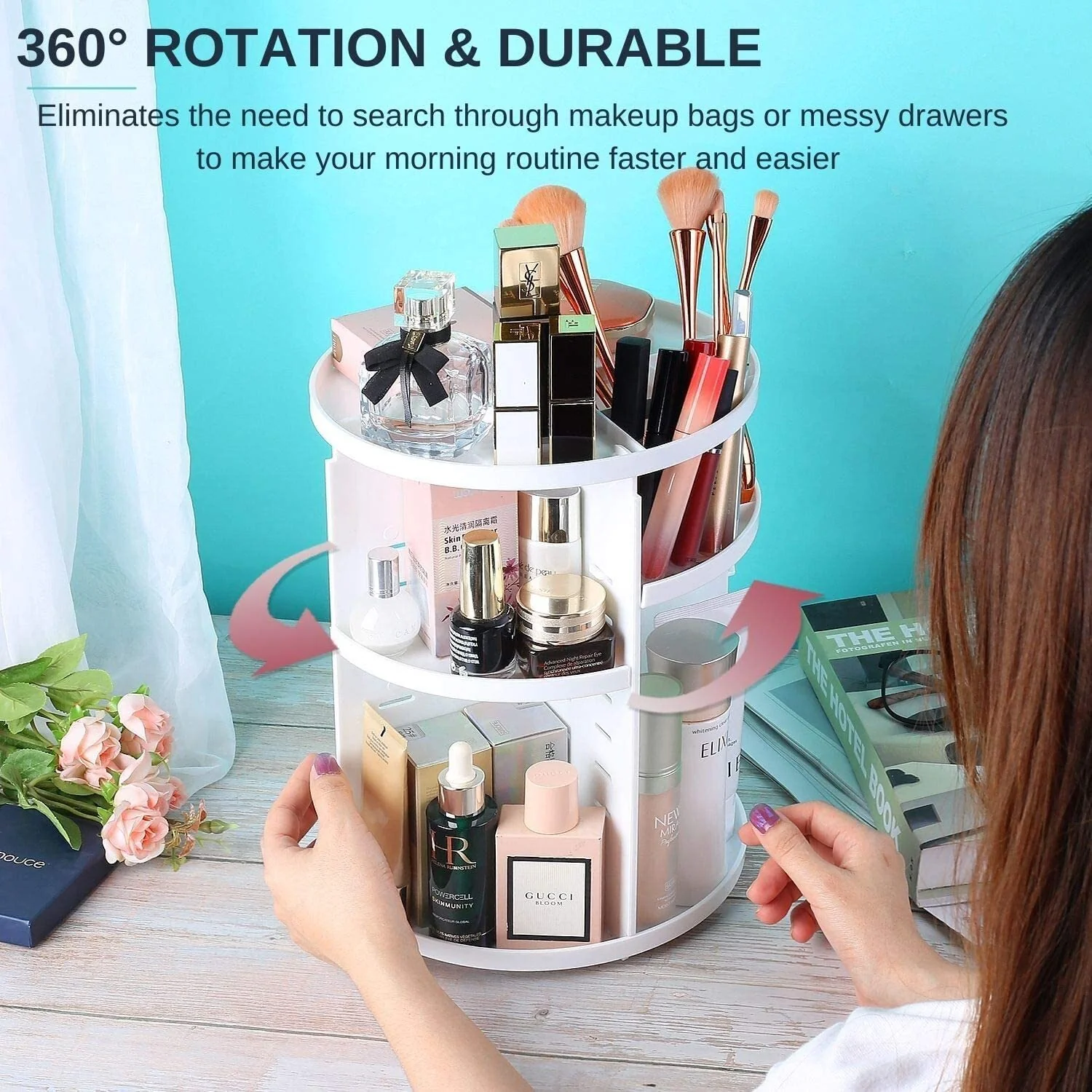360 Degree Rotating Jewellery Cosmetic Makeup Shelf Organizer (White) - Image 8