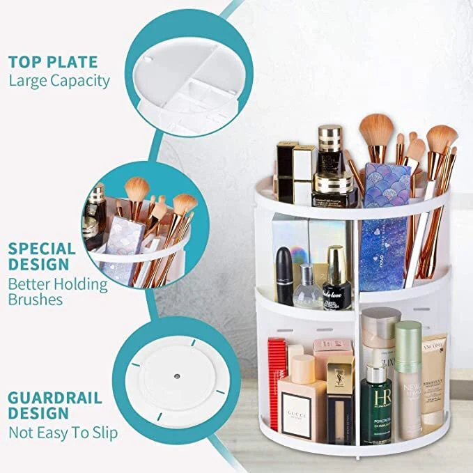 360 Degree Rotating Jewellery Cosmetic Makeup Shelf Organizer (White) - Image 9