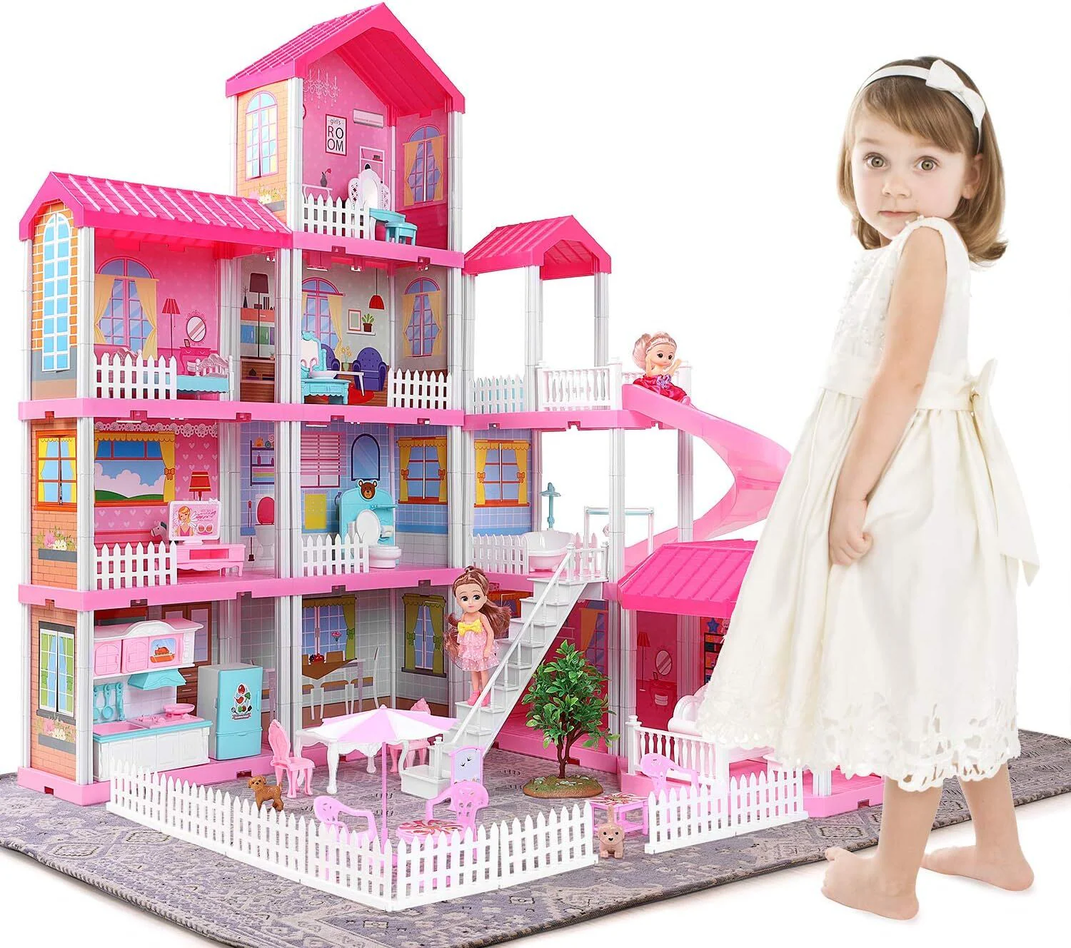 4-level Large Mansion Dreamhouse Castle Doll House Palace Toy Set with Dolls & Furniture - Image 10