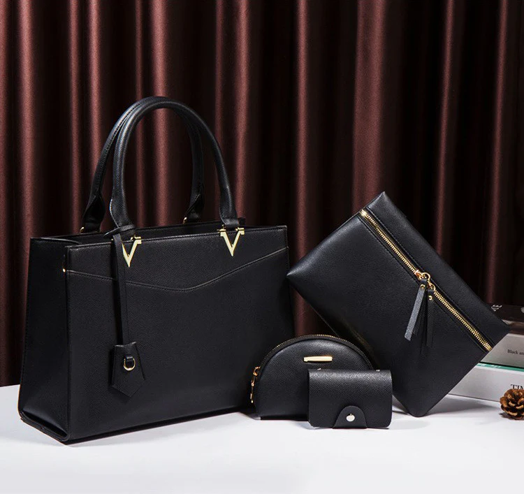 4 PCS Deluxe Faux Leather Handbag Set, Tote, Shoulder Bag, Clutch Purse Wallet & Coin Bag (Black) - Image 4