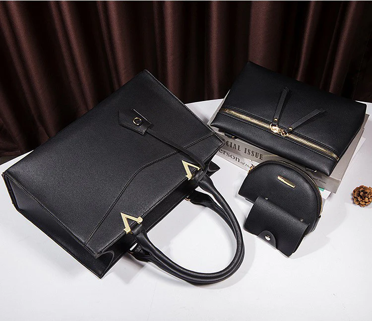 4 PCS Deluxe Faux Leather Handbag Set, Tote, Shoulder Bag, Clutch Purse Wallet & Coin Bag (Black) - Image 5