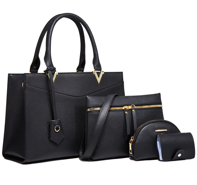 4 PCS Deluxe Faux Leather Handbag Set, Tote, Shoulder Bag, Clutch Purse Wallet & Coin Bag (Black) - Image 9