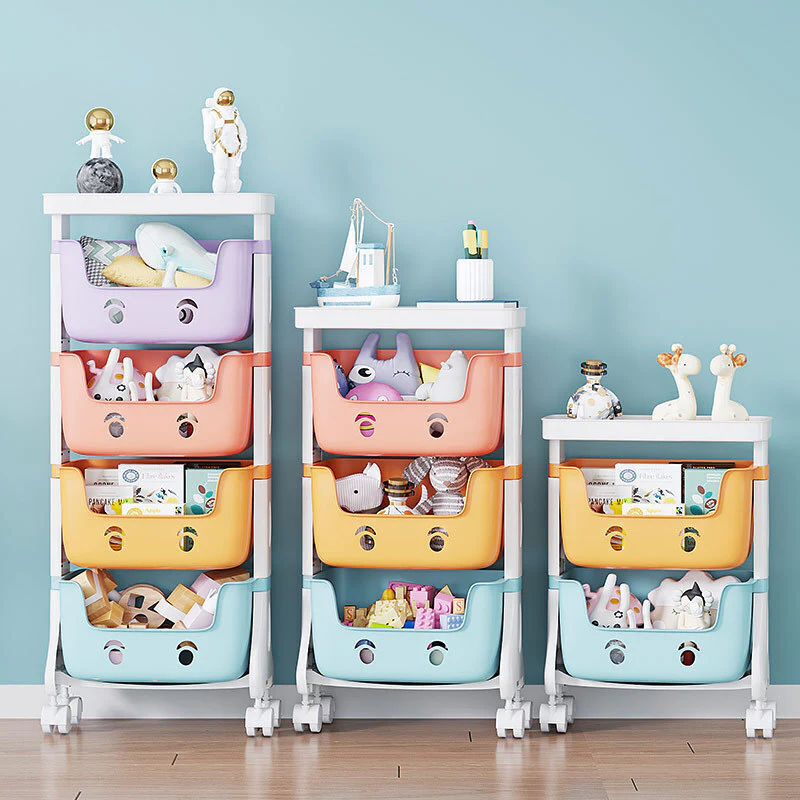 4-Tier Adorable Toy Shelf Organiser Trolley Storage Baskets with Wheels - Image 10