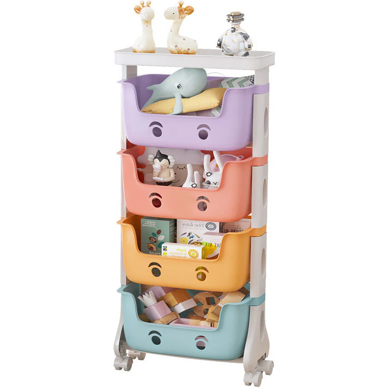 4-Tier Adorable Toy Shelf Organiser Trolley Storage Baskets with Wheels - Image 12