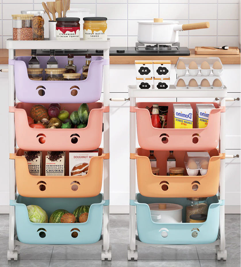 4-Tier Adorable Toy Shelf Organiser Trolley Storage Baskets with Wheels - Image 3