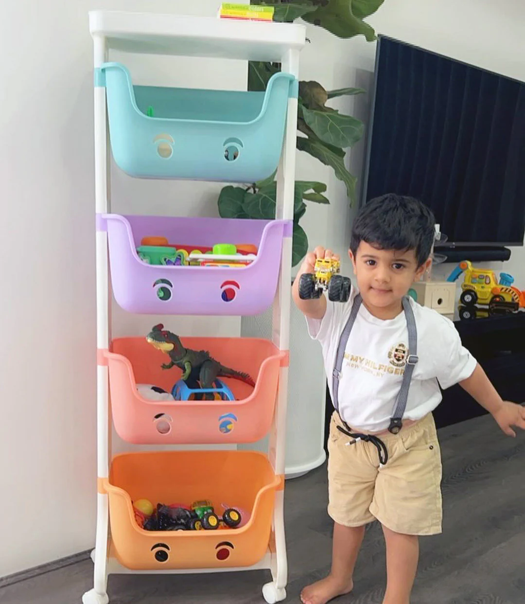 4-Tier Adorable Toy Shelf Organiser Trolley Storage Baskets with Wheels - Image 6