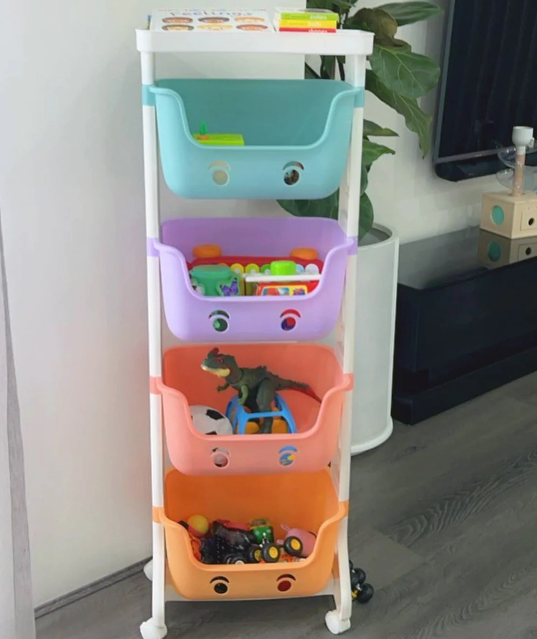 4-Tier Adorable Toy Shelf Organiser Trolley Storage Baskets with Wheels - Image 7