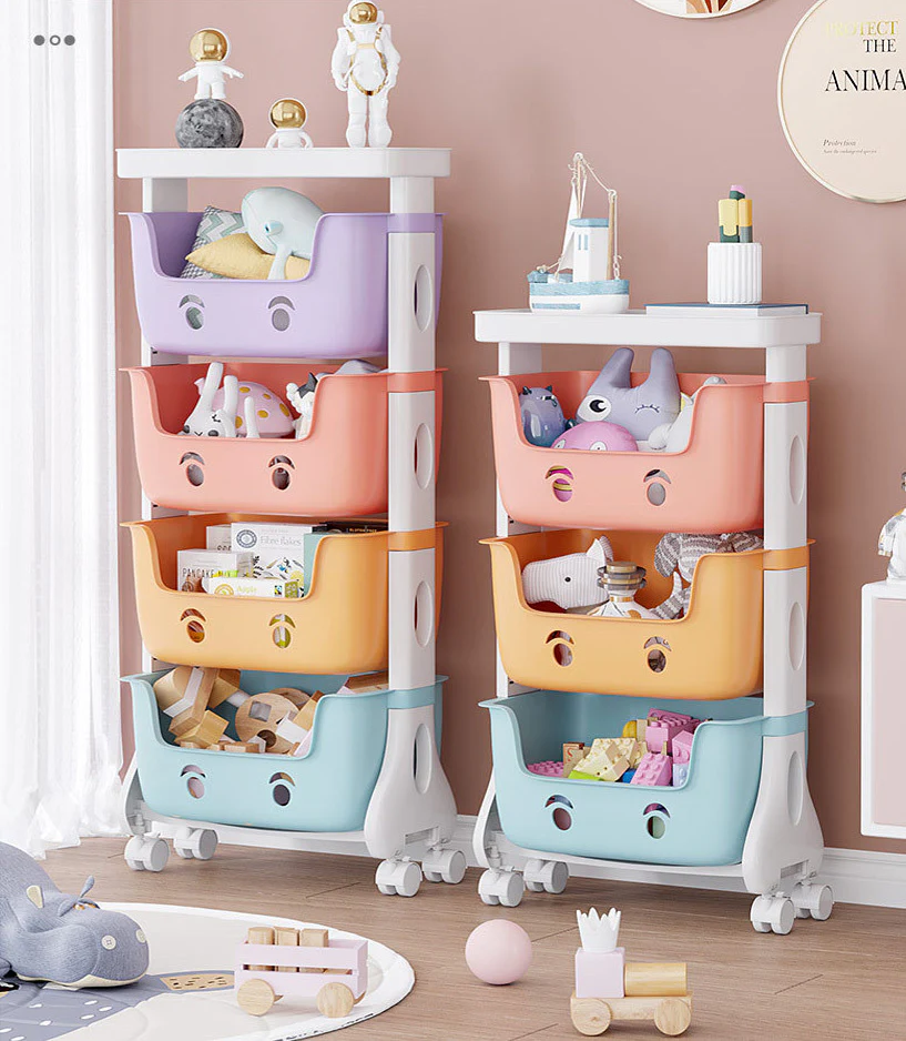 4-Tier Adorable Toy Shelf Organiser Trolley Storage Baskets with Wheels - Image 8