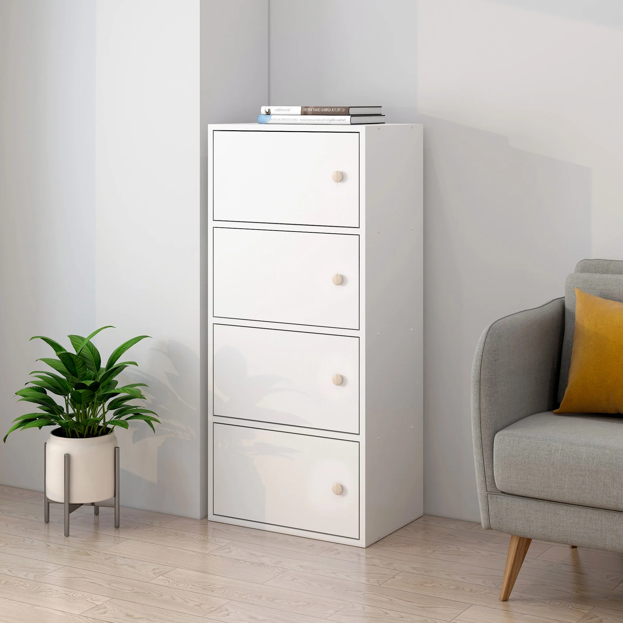 4-Tier Cascade Organizer Storage Cabinet Bookcase with Doors (White) - Image 4