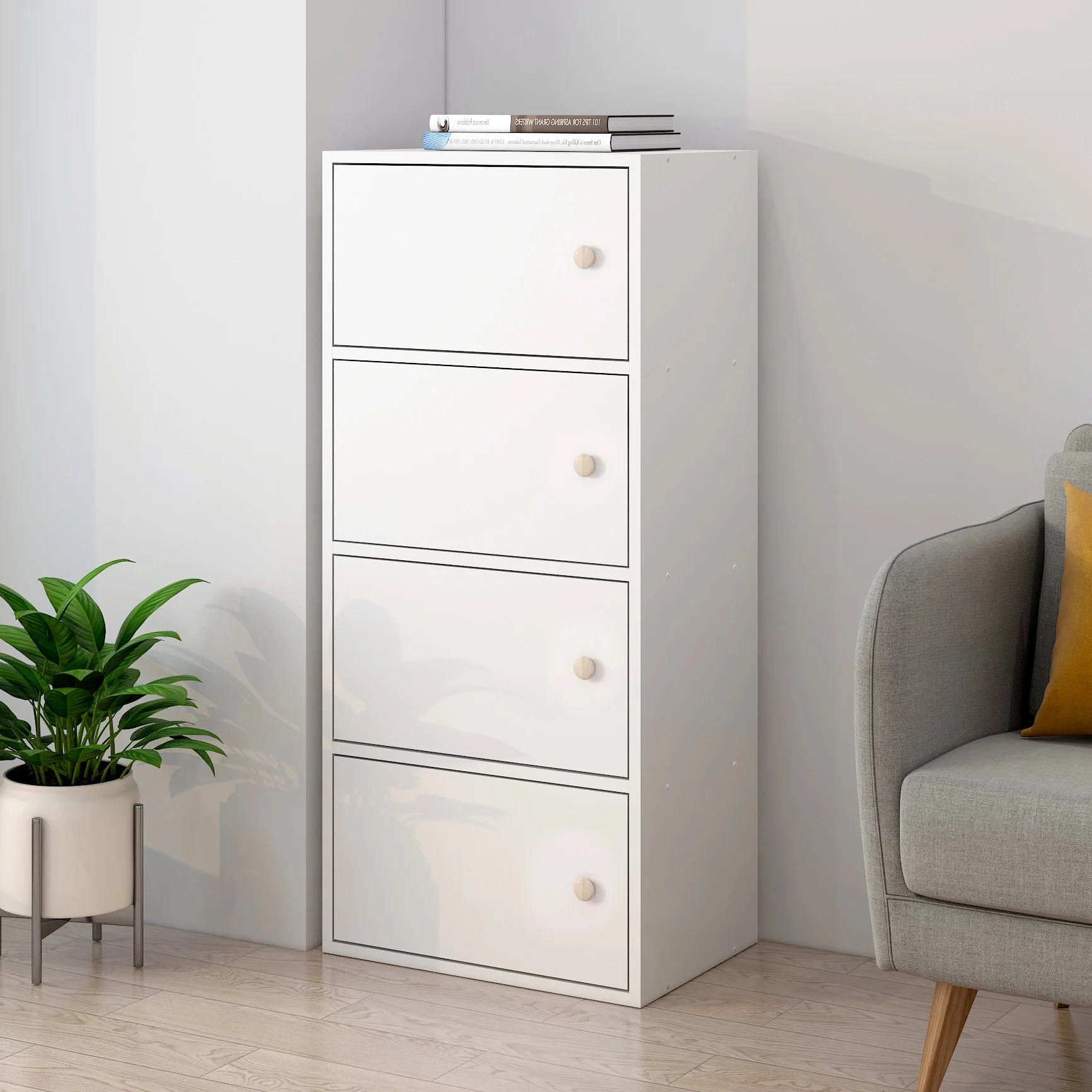 4-Tier Cascade Organizer Storage Cabinet Bookcase with Doors (White) - Image 5