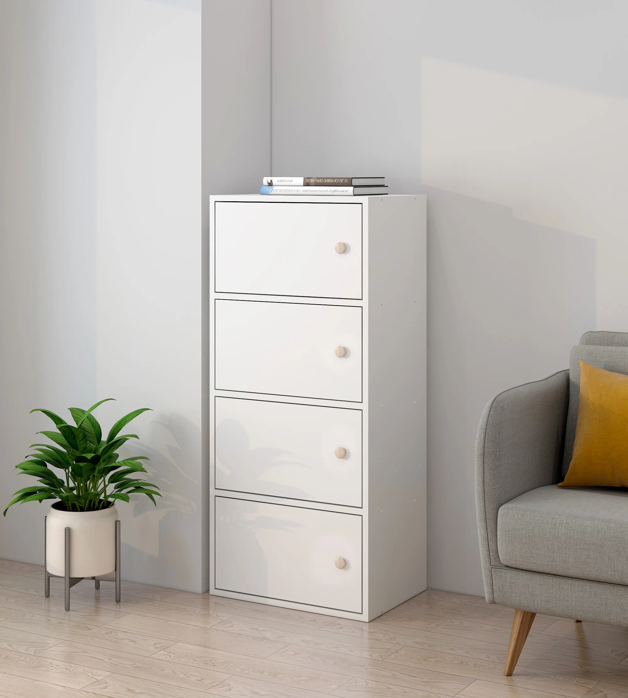 4-Tier Cascade Organizer Storage Cabinet Bookcase with Doors (White) - Image 7