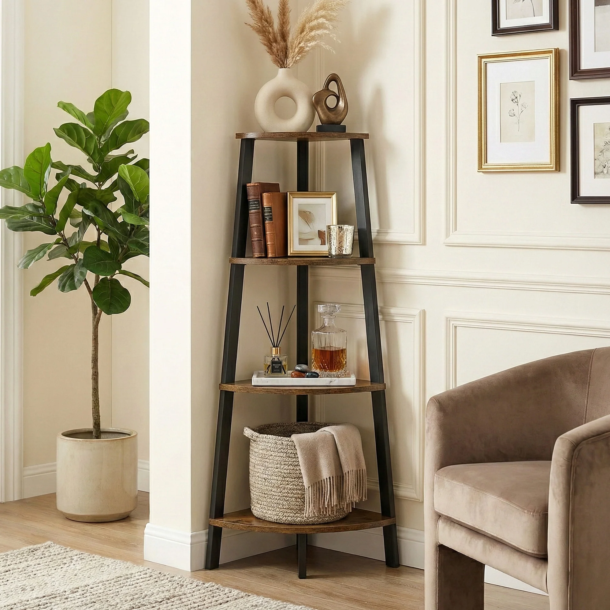 4-Tier Corner Ladder Shelf Unit Rustic Wood & Steel Display Stand Storage Rack - Image 11
