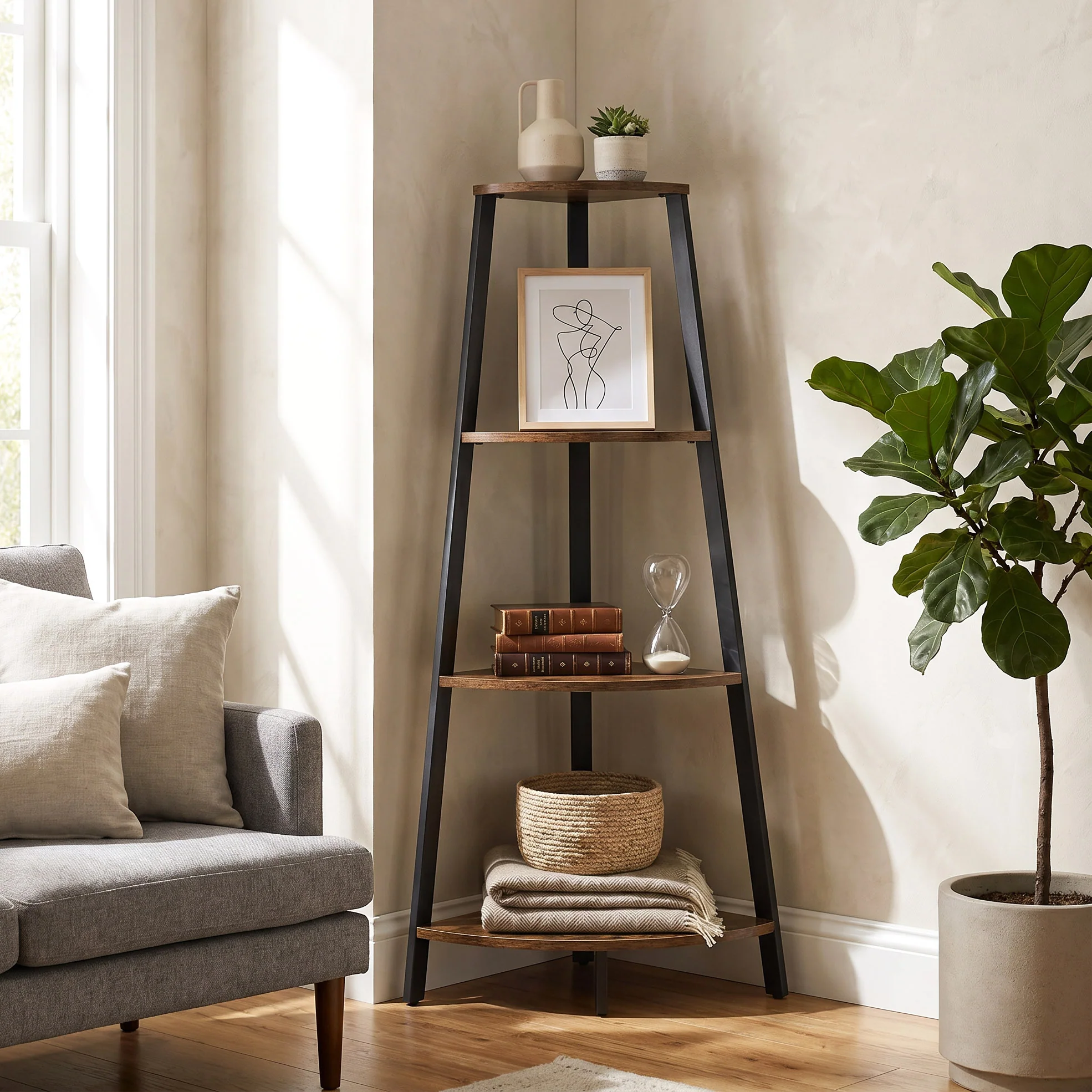 4-Tier Corner Ladder Shelf Unit Rustic Wood & Steel Display Stand Storage Rack - Image 12