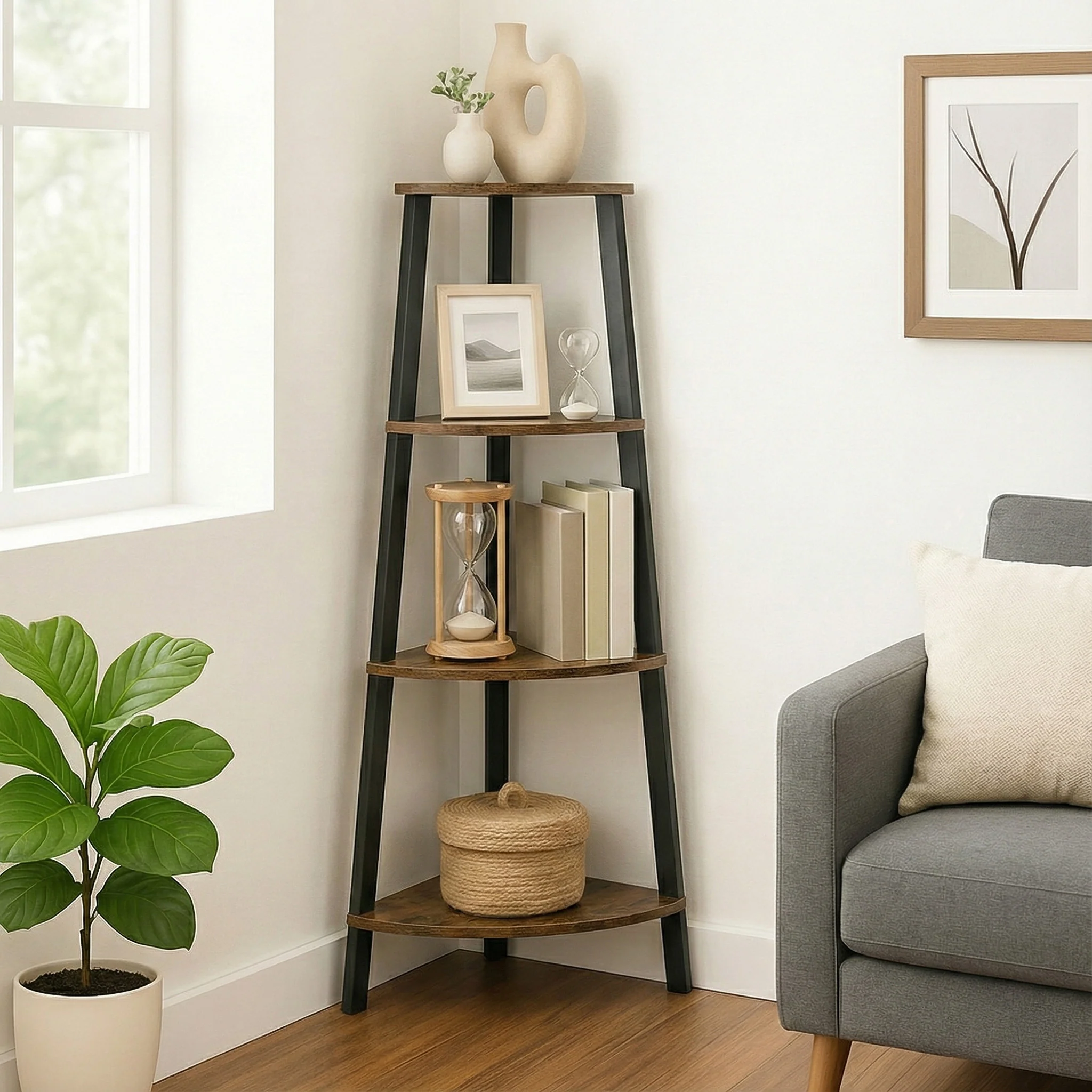 4-Tier Corner Ladder Shelf Unit Rustic Wood & Steel Display Stand Storage Rack - Image 6