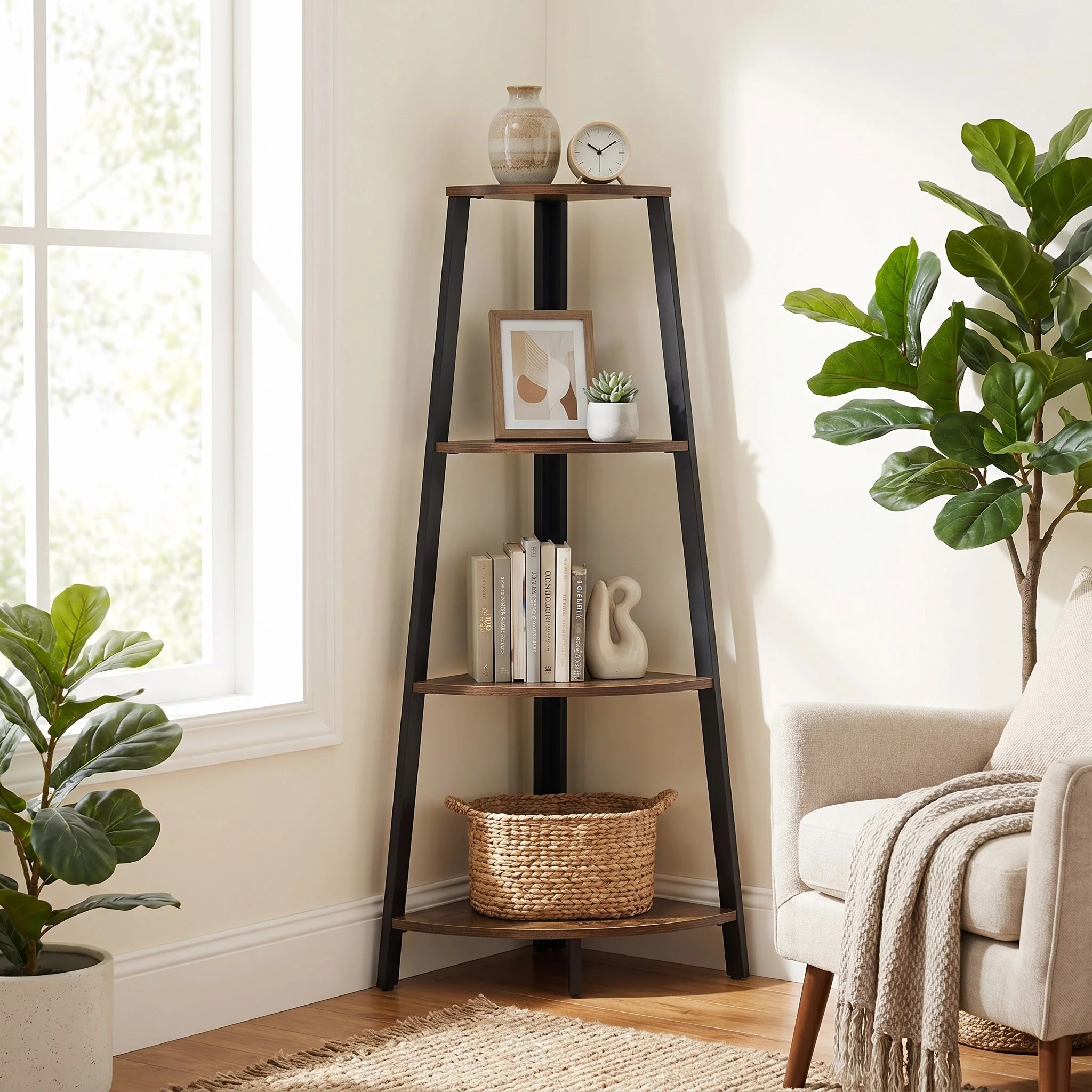 4-Tier Corner Ladder Shelf Unit Rustic Wood & Steel Display Stand Storage Rack - Image 8
