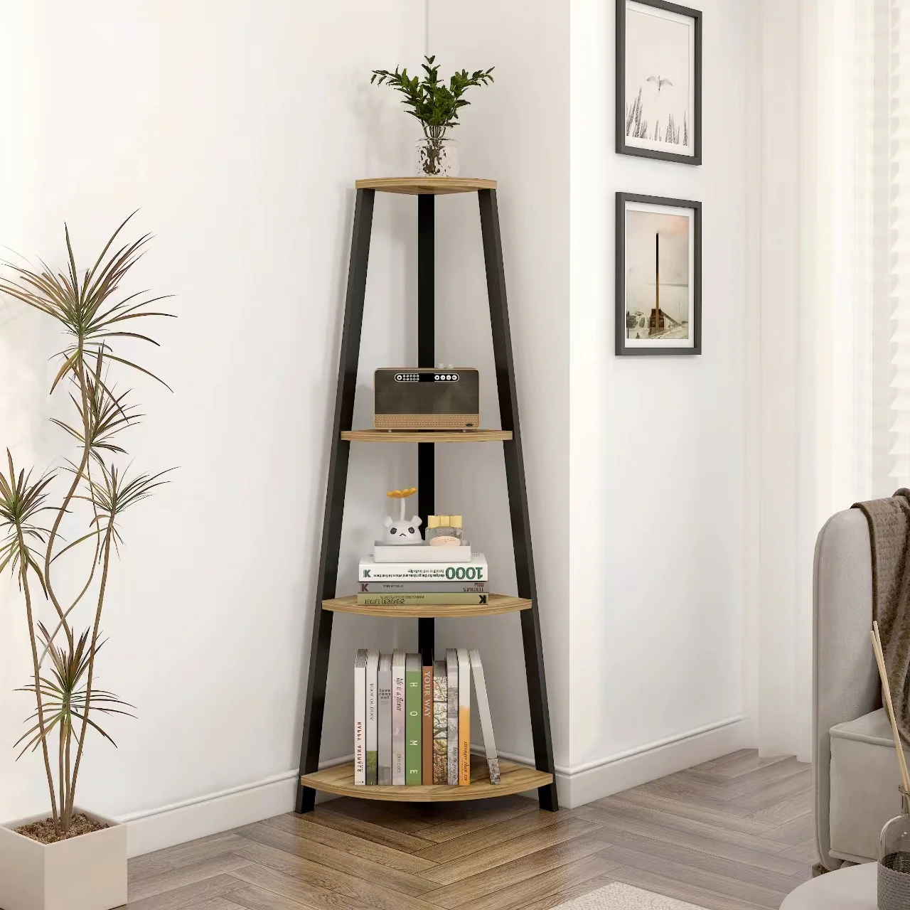 4-Tier Corner Ladder Shelf Unit Rustic Oak Wood & Steel Display Stand Storage Rack - Image 3