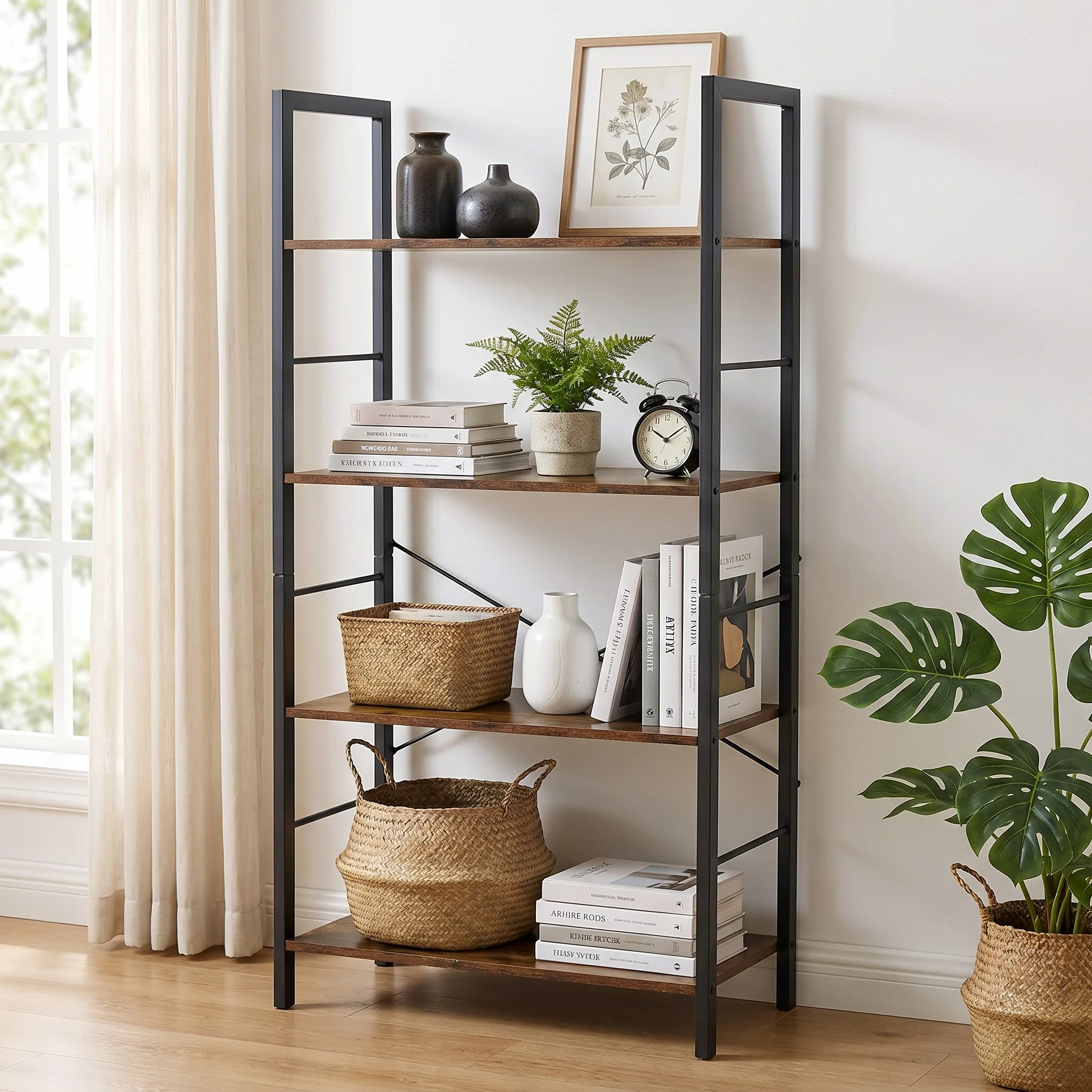 Multifunction Bookcase 4 Tier Rustic Wood & Steel Storage Shelf Organizer