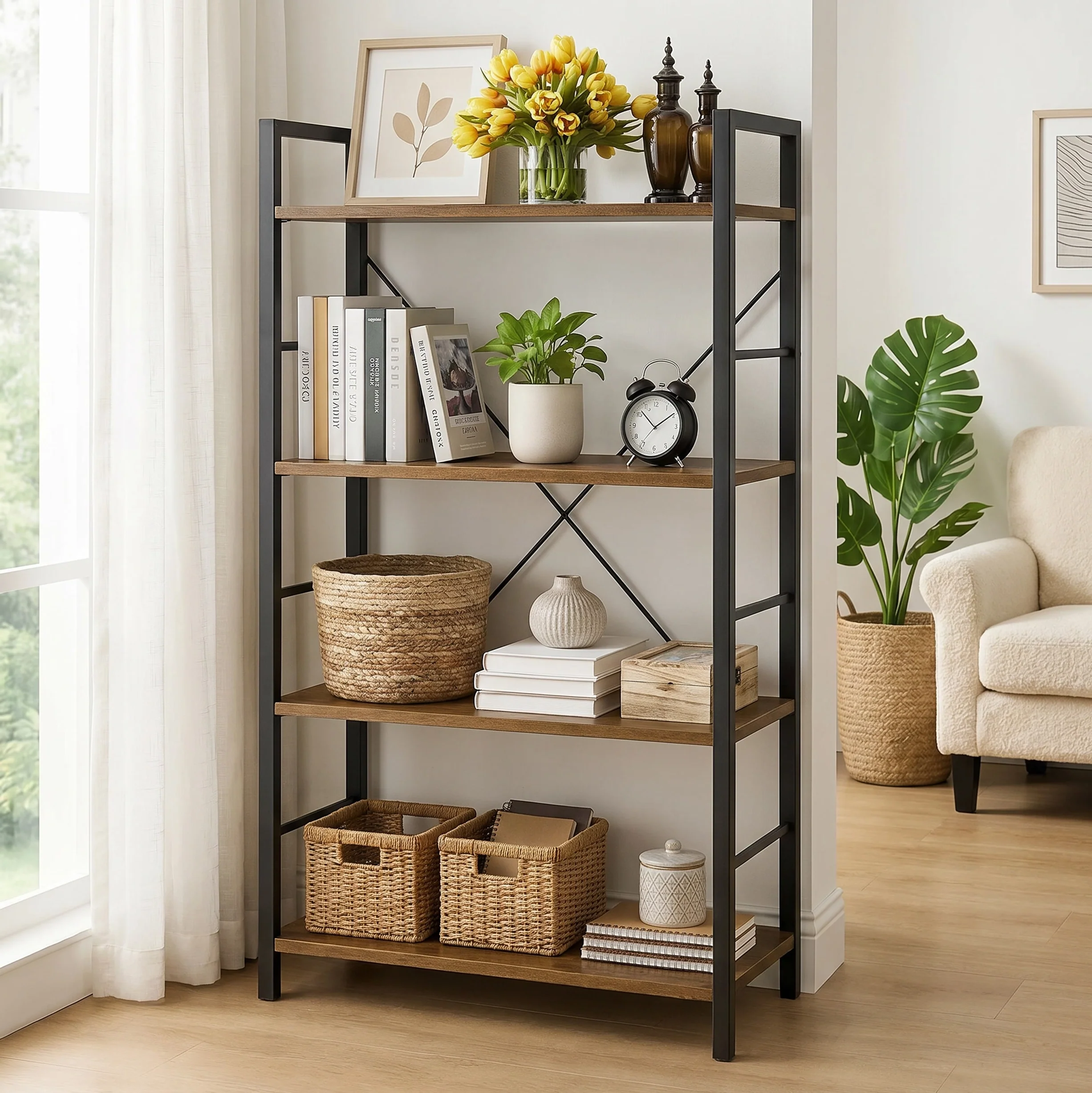 Multifunction Bookcase 4 Tier Rustic Wood & Steel Storage Shelf Organizer - Image 11