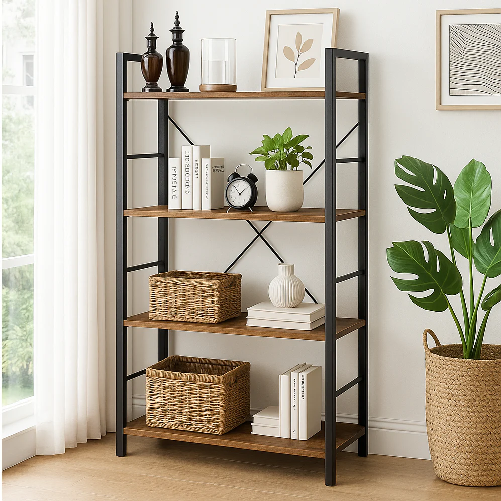 Multifunction Bookcase 4 Tier Rustic Wood & Steel Storage Shelf Organizer - Image 14
