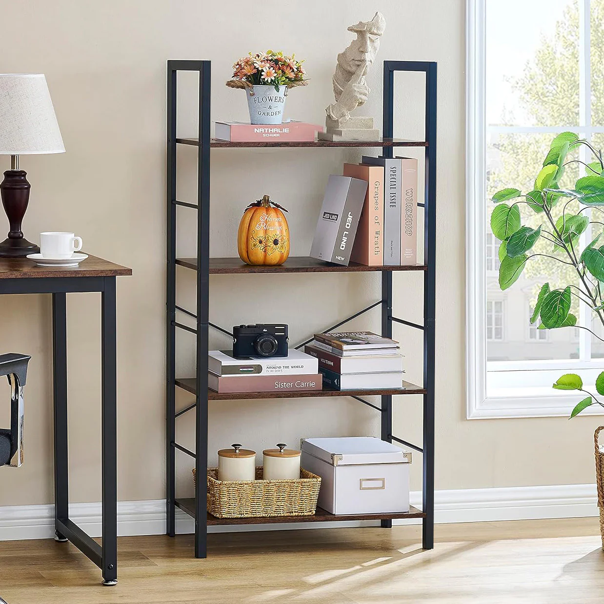 Multifunction Bookcase 4 Tier Rustic Wood & Steel Storage Shelf Organizer - Image 15
