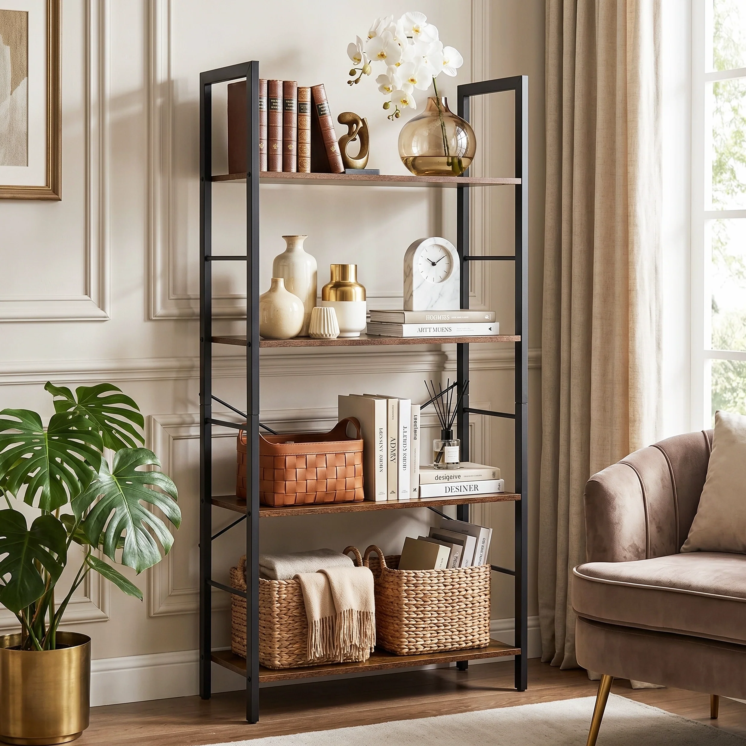 Multifunction Bookcase 4 Tier Rustic Wood & Steel Storage Shelf Organizer - Image 19