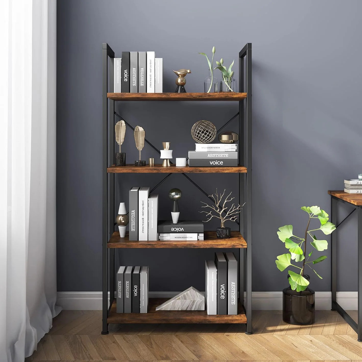Multifunction Bookcase 4 Tier Rustic Wood & Steel Storage Shelf Organizer - Image 20