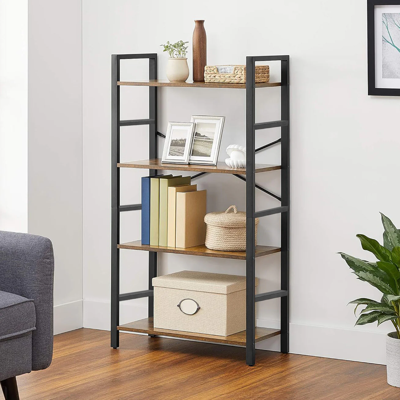 Multifunction Bookcase 4 Tier Rustic Wood & Steel Storage Shelf Organizer - Image 21