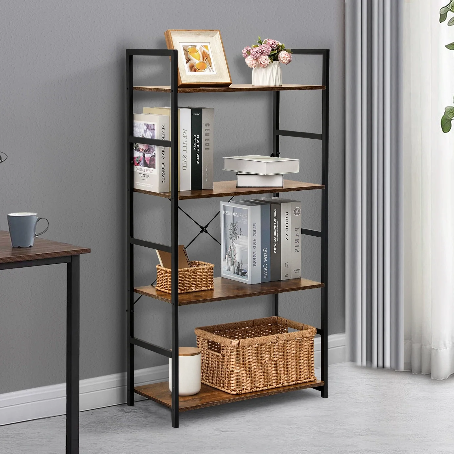 Multifunction Bookcase 4 Tier Rustic Wood & Steel Storage Shelf Organizer - Image 23