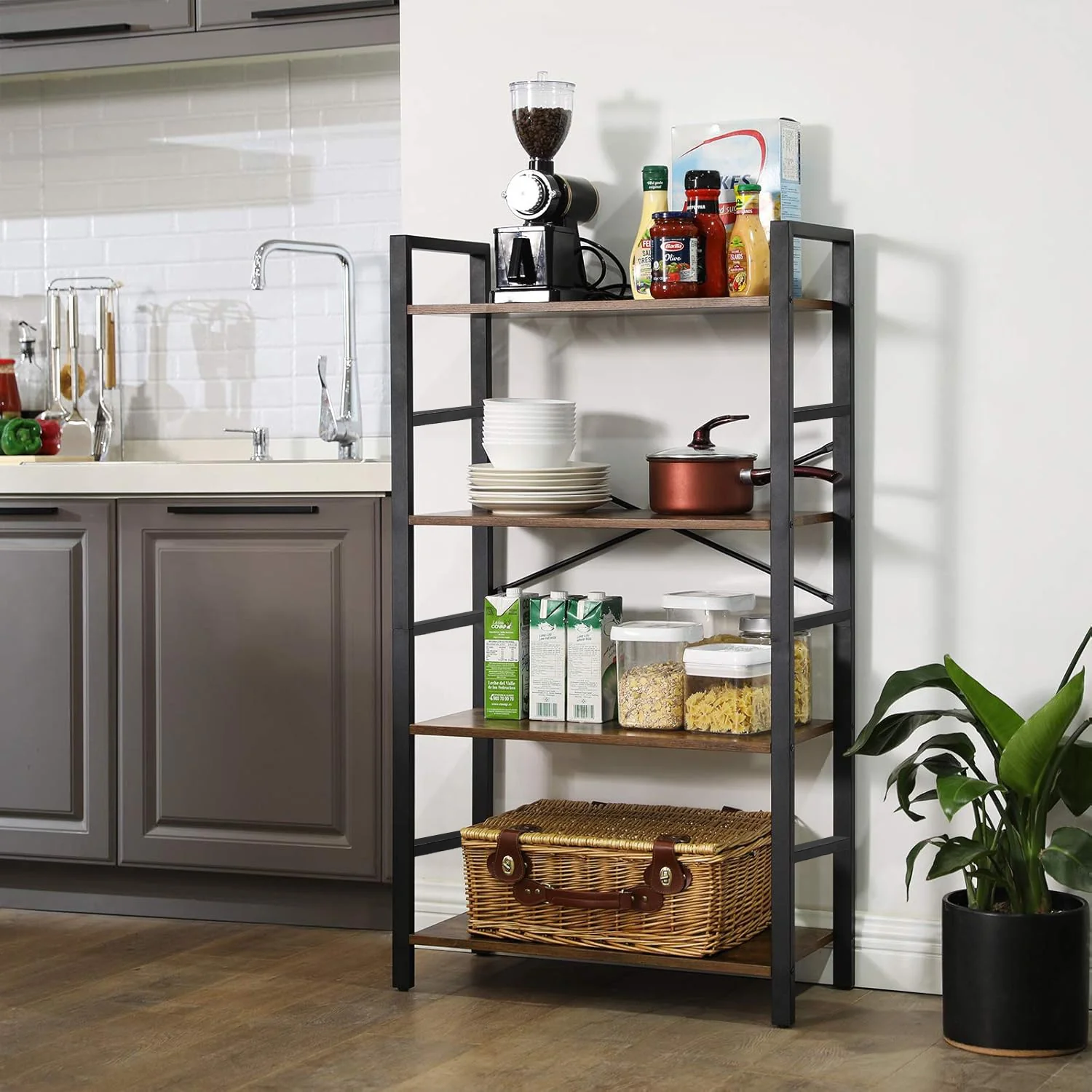 Multifunction Bookcase 4 Tier Rustic Wood & Steel Storage Shelf Organizer - Image 3