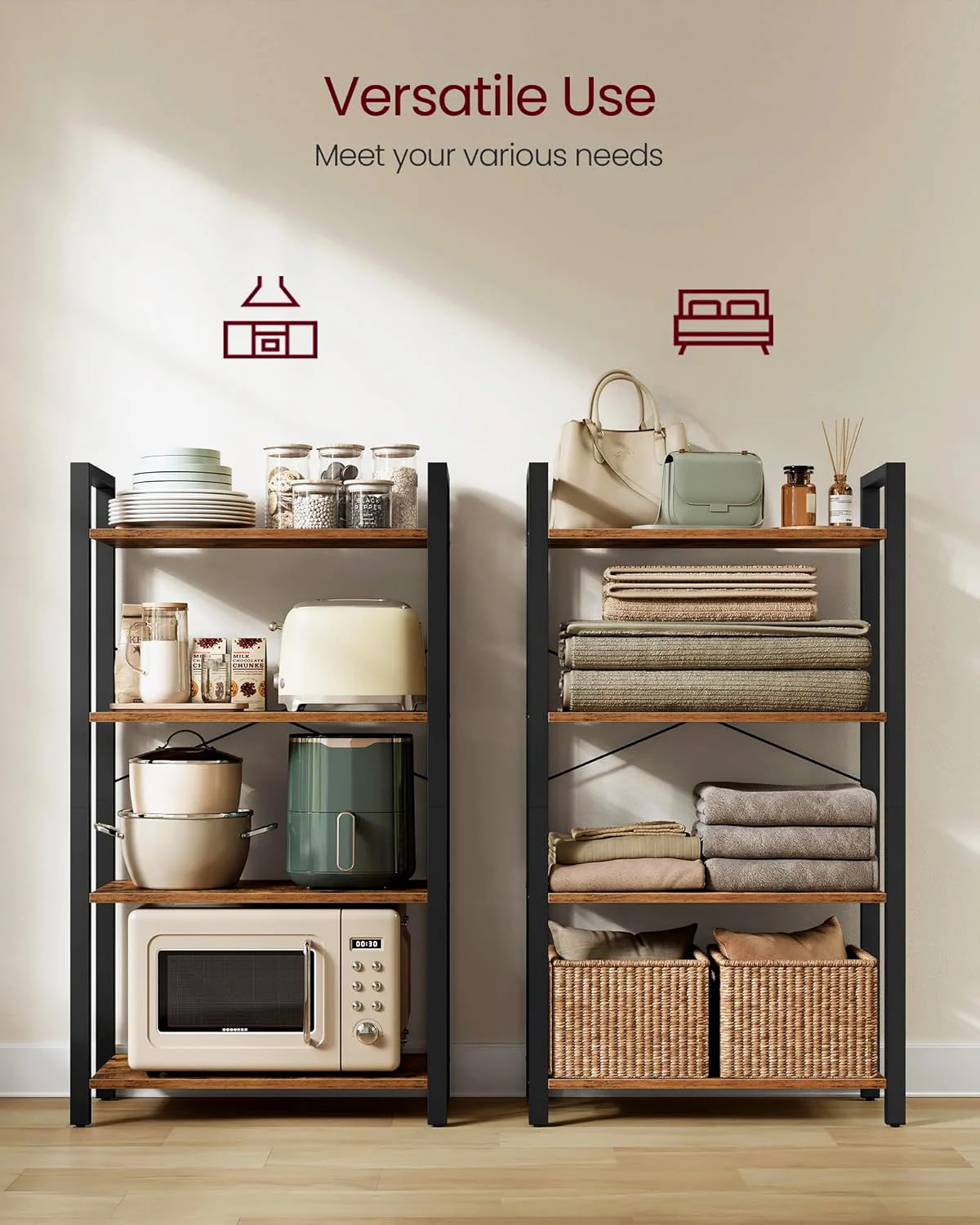Multifunction Bookcase 4 Tier Rustic Wood & Steel Storage Shelf Organizer - Image 6