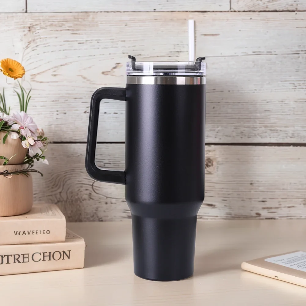 40oz Stainless Steel Insulated Tumbler with Handle Straw Travel Mug (Black) - Image 10