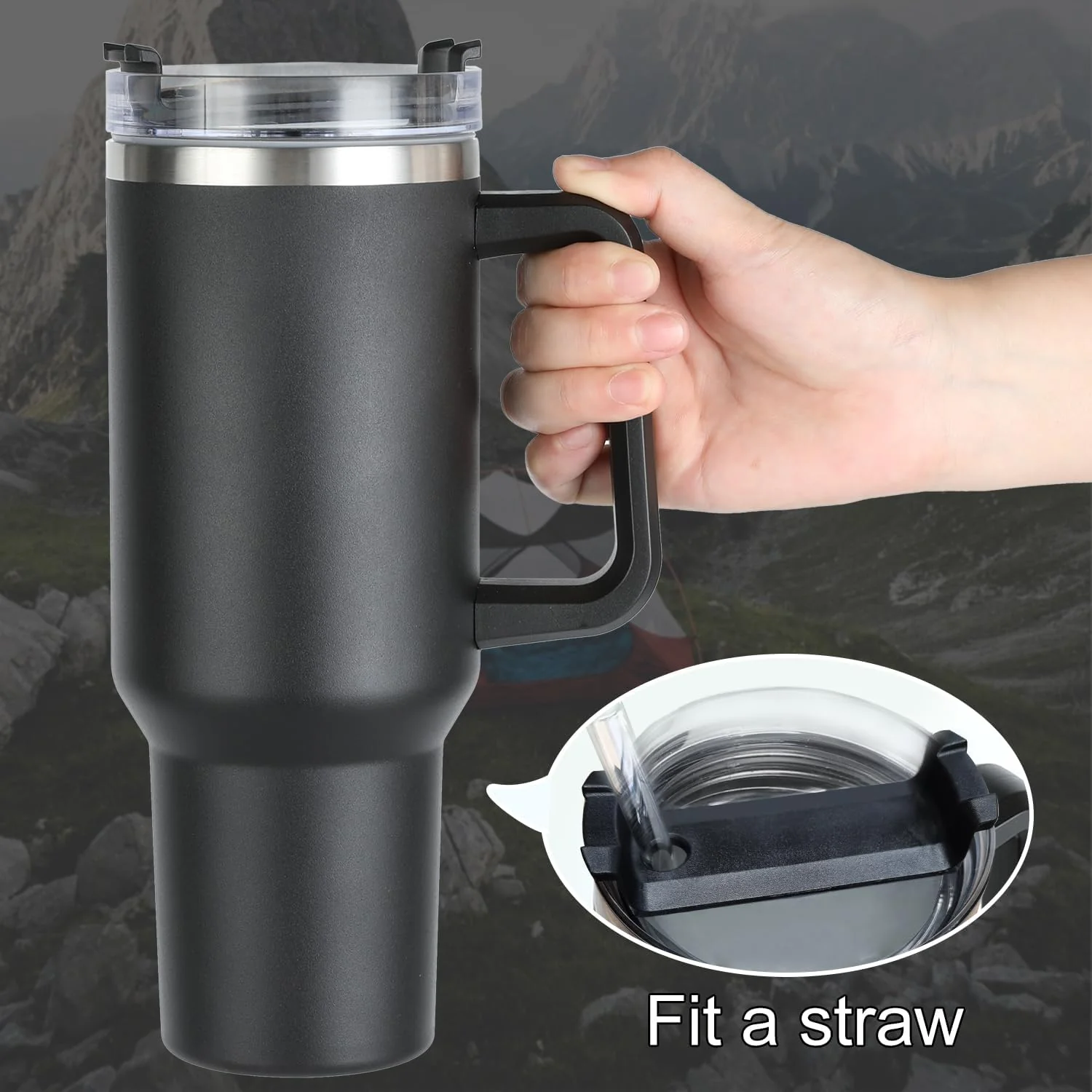 40oz Stainless Steel Insulated Tumbler with Handle Straw Travel Mug (Black) - Image 12