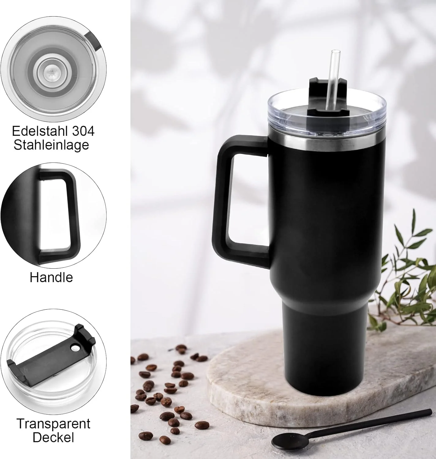 40oz Stainless Steel Insulated Tumbler with Handle Straw Travel Mug (Black) - Image 15