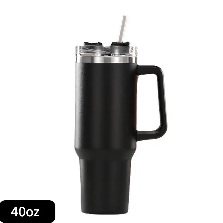 40oz Stainless Steel Insulated Tumbler with Handle Straw Travel Mug (Black) - Image 2