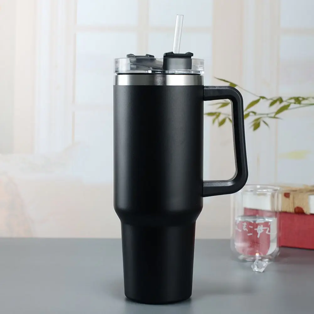 40oz Stainless Steel Insulated Tumbler with Handle Straw Travel Mug (Black) - Image 5