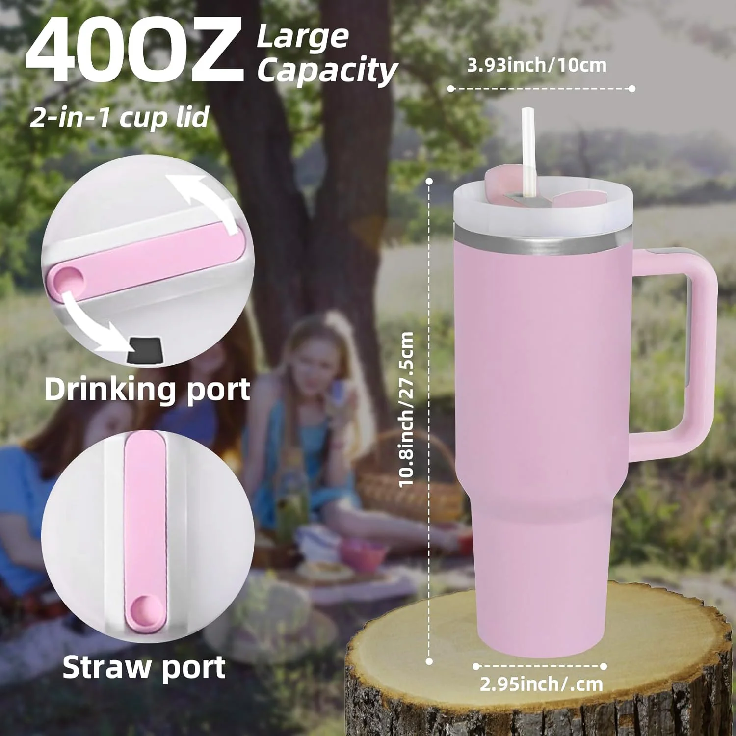 40oz Stainless Steel Insulated Tumbler with Handle Straw Travel Mug (Pink) - Image 10