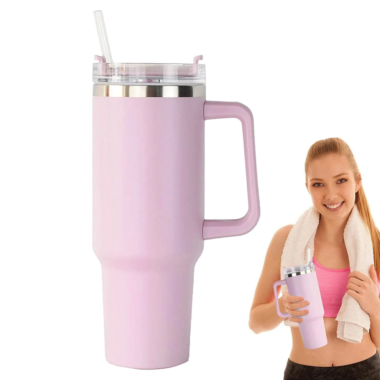 40oz Stainless Steel Insulated Tumbler with Handle Straw Travel Mug (Pink) - Image 5